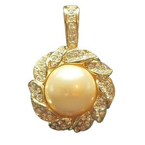 Signed KJL Gold tone Faux Pearl Clear Rhinestone Round Shape Pendant $39